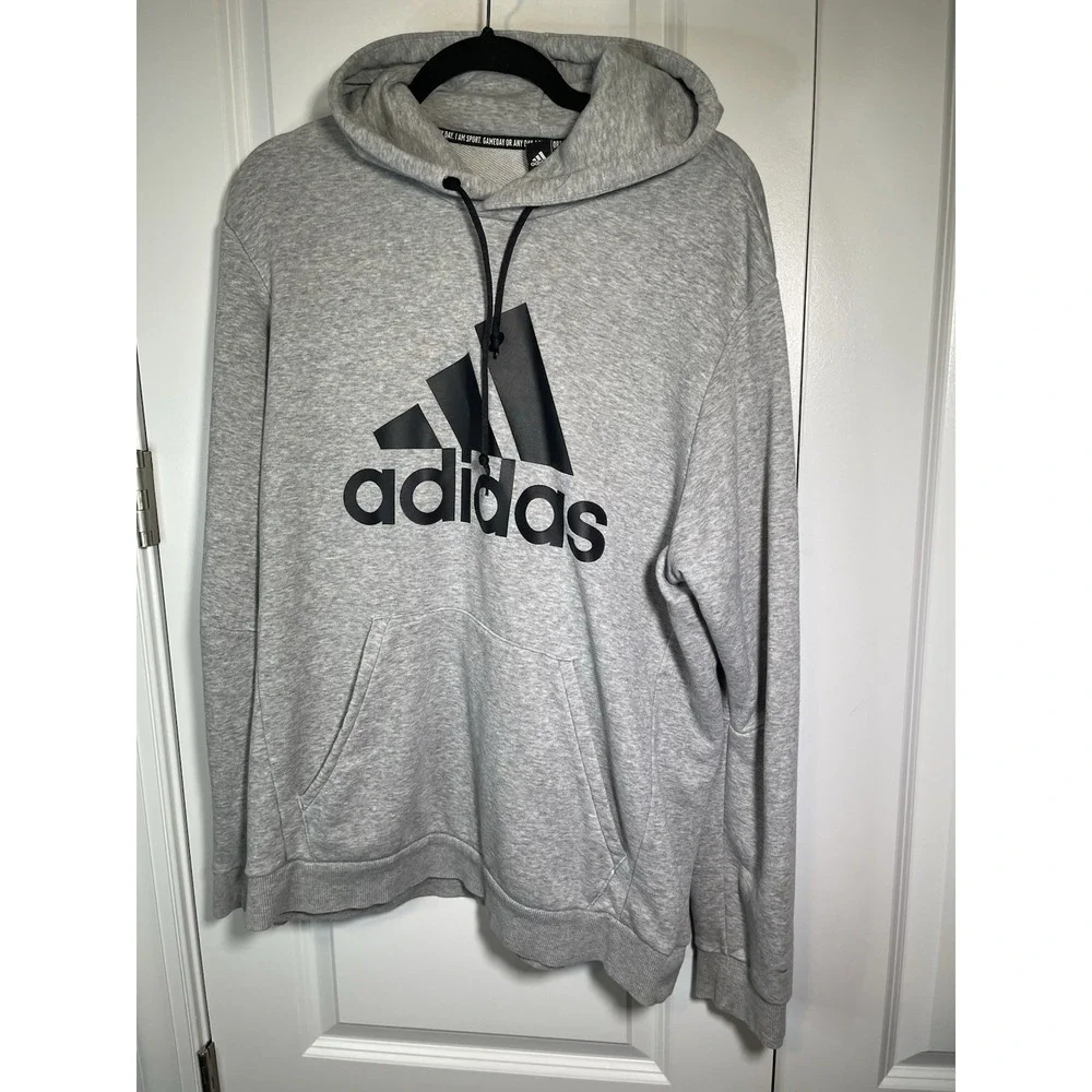 Adidas Hoodie Mens Gray Essentials Logo Stripe Spell Out Hooded Sweatshirt Large